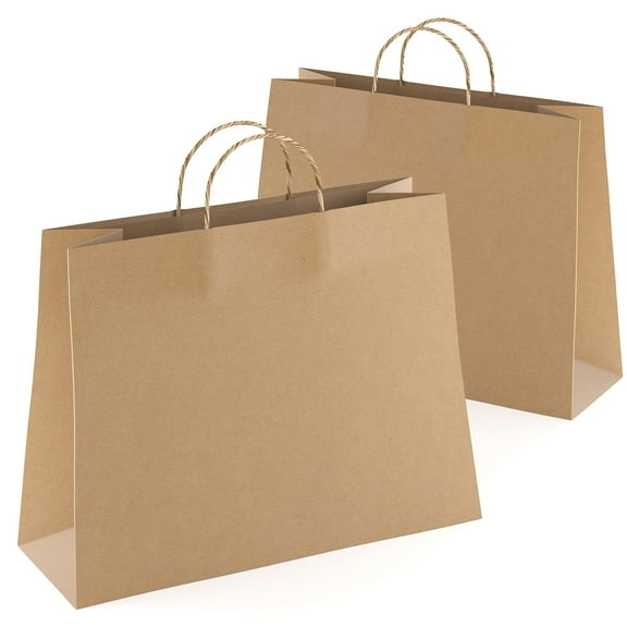 Brown Kraft Paper Bags with Handles Bulk, 16 x 6 x 12 Inch. Pack of 250 Foldable Shopping Bag, 150 GSM. Kraft Paper Gift Bags with Handles. Gift Gag Bulk for Wedding favors, Valentines Day