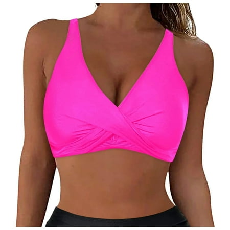 ZQGJB Women Plus Size Bikini Top Only Large Bust Swim Top Full Coverage V Neck Swimsuit Top Sport Bra Bathing Suit Top No Bottom(Hot Pink S)