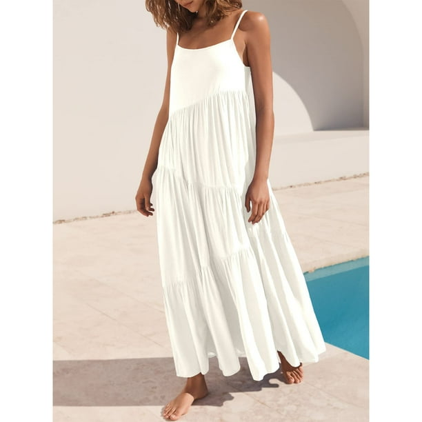 Vestido Sin Mangas, Dobladillo Oscilante Fluido Tirantes Finos Ajustables Cintura Alta Color Puro Vestido De Verano Para Mujer Para Cócteles
