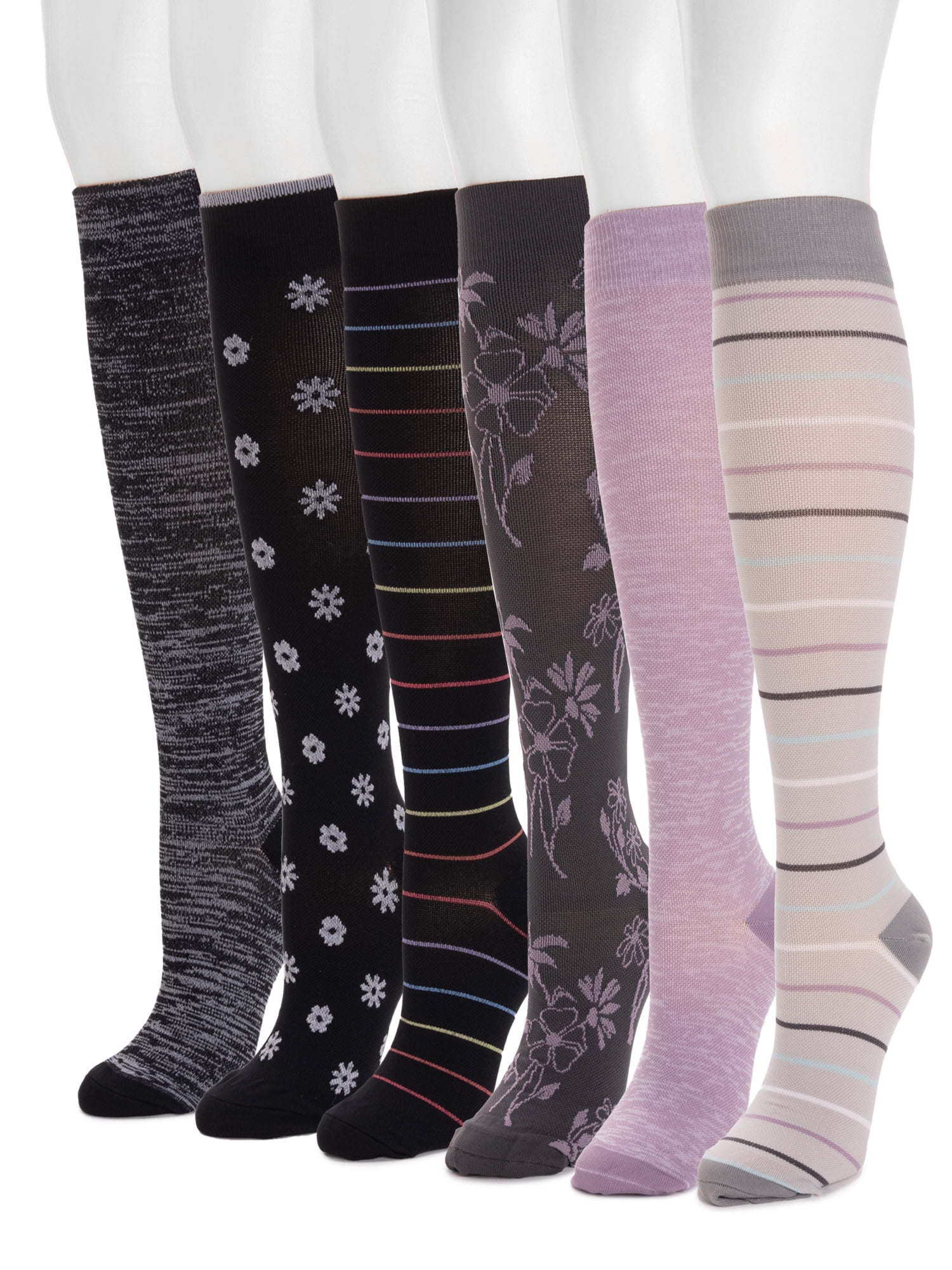 MUK LUKS Women's Wide Width Nylon Knee-High Compression Socks, 6 Pair Pack, Shoe Size 6-10