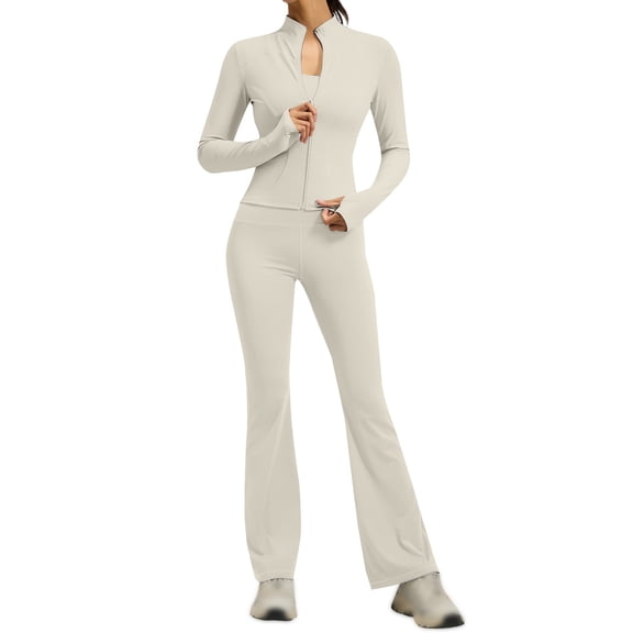 VISALY Women's 2 Piece Tracksuit Sets Long Sleeve Zipper Jacket with Athletic High Waist Flare Long Leggings Slim Fit Casual Sport Workout Outfit Athleisure Tracksuit Jogger Loungewear Set Beige L