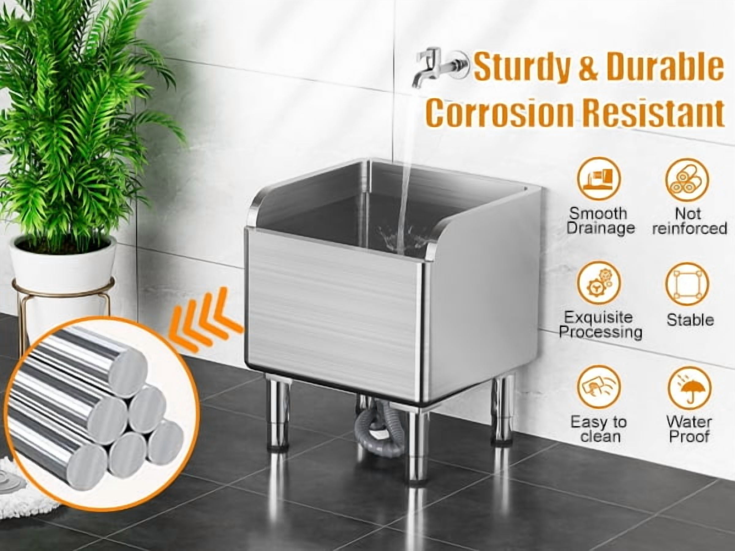 Mohsoe Mop Sink 18 x 16 x 22 Inch, Commercial Stainless Steel Utility Sink with High Baffle, Large Capacity Floor Sink for Mudroom Laundry Janitor Closet, Adjustable Feet
