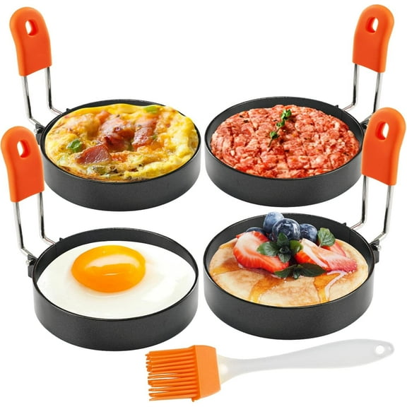 Egg Rings for Frying 4 PCS 3.5 Inch Large Cooking Egg Molds Round Egg Circles, Anti-scald Nonstick Leakproof Egg Mould with Oil Brush Circular Egg Shaper