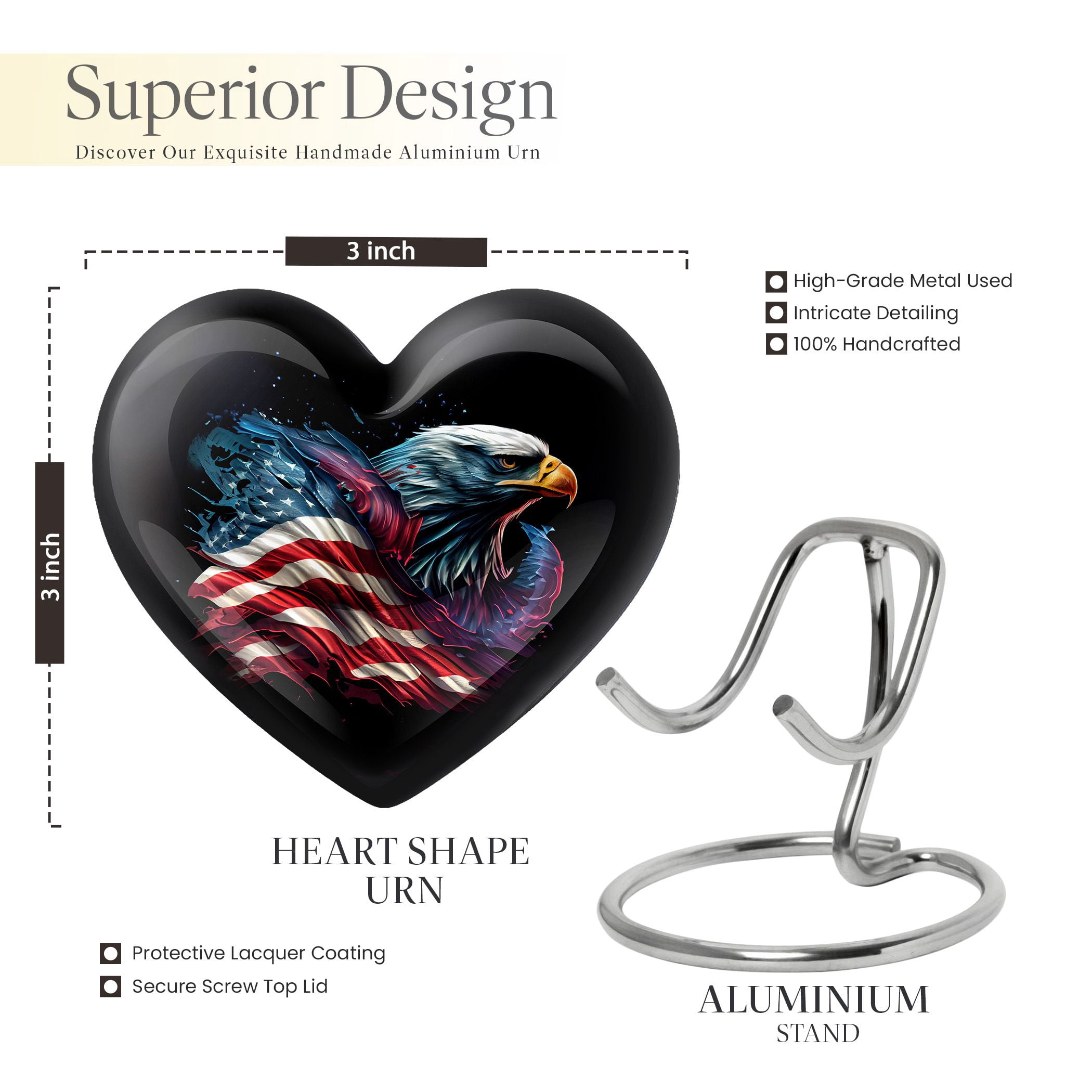 American Eagle Keepsake Urns For Ashes Heart - Cremation Urns For Human Ashes - Cremation Keepsakes For Ashes - Keepsake Urns For Human Ashes - Miniature Urns For Human Ashes (Size -3inch,1pcs)