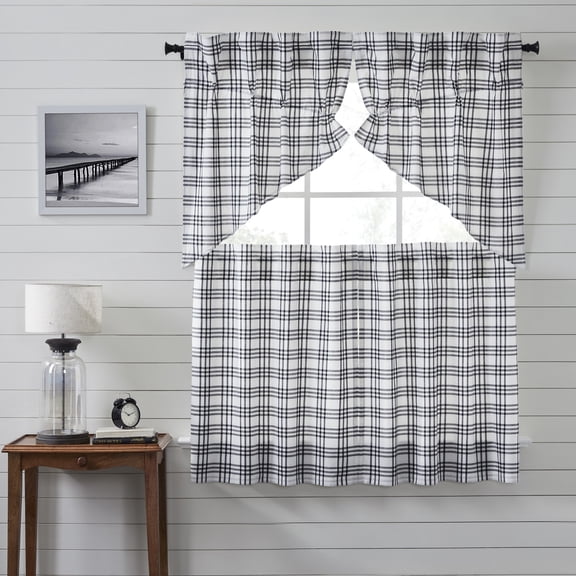 VHC Brands Sawyer Mill Black 4 PC Plaid Curtain Set (2 Prairie Swag 36x18 and 2 Tier 36x36)