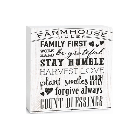 Farmhouse Rules White Woodgrain 5 x 5 Wood Tabletop Sign Plaque