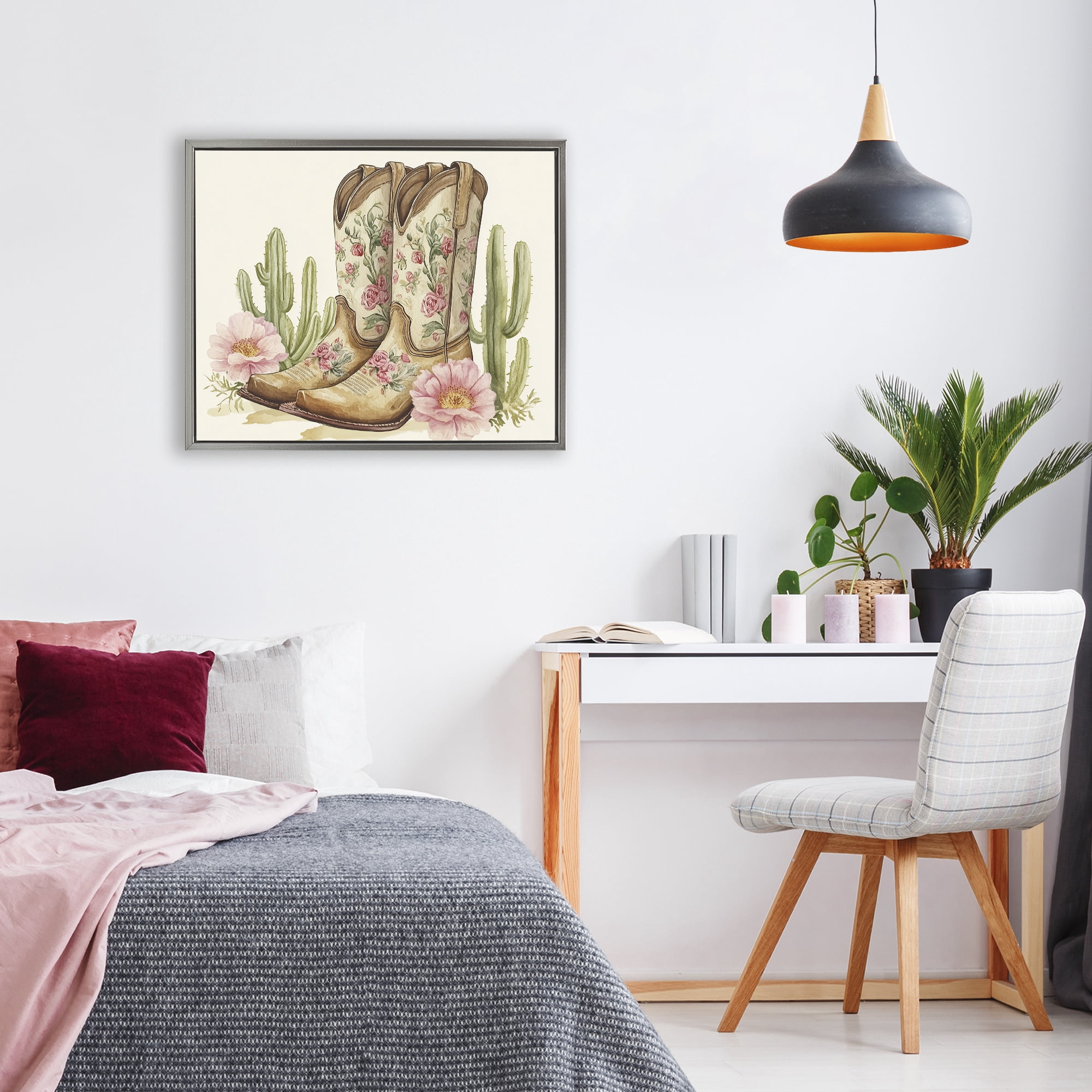 Stupell Industries Floral Boots & Cactuses Gray Framed Floater Canvas Wall Art, design by Heidi Kuntz