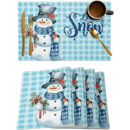 

Rdsfhsp Snowman Christmas Placemats Set of 4 Let It Snow Winter Holiday Table Place Mats Blue White Buffalo Plaid Table Linens for Kitchen Dining Party Holiday Decor