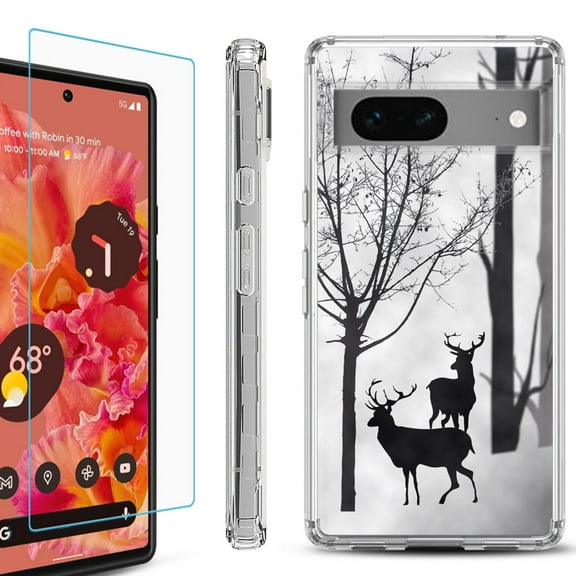 Shockproof Bumper Phone Case for Google Pixel 7, with Tempered Glass Screen Protector, by OneToughShield ® - Forest Deer
