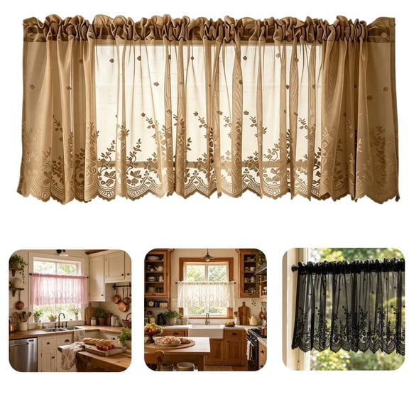 56"X24"Boho Lace Window Curtain Valance Embroidered Solid Color Farmhouse Light Filtering Small Window Tier for Kitchen Living Room