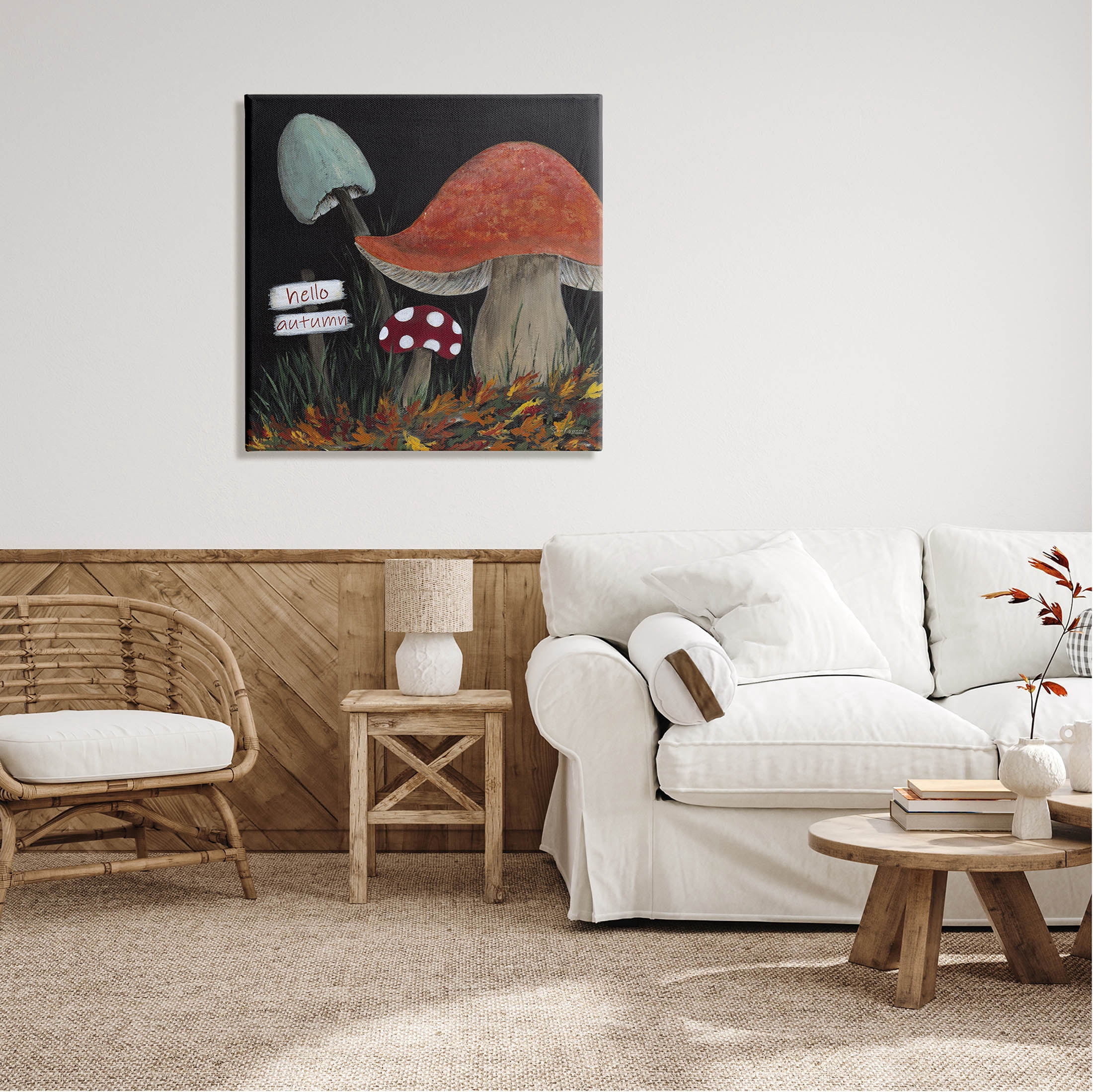 Hello Autumn Woodland Mushroom Forest Botanical & Floral Graphic Art Gallery Wrapped Canvas Print Wall Art