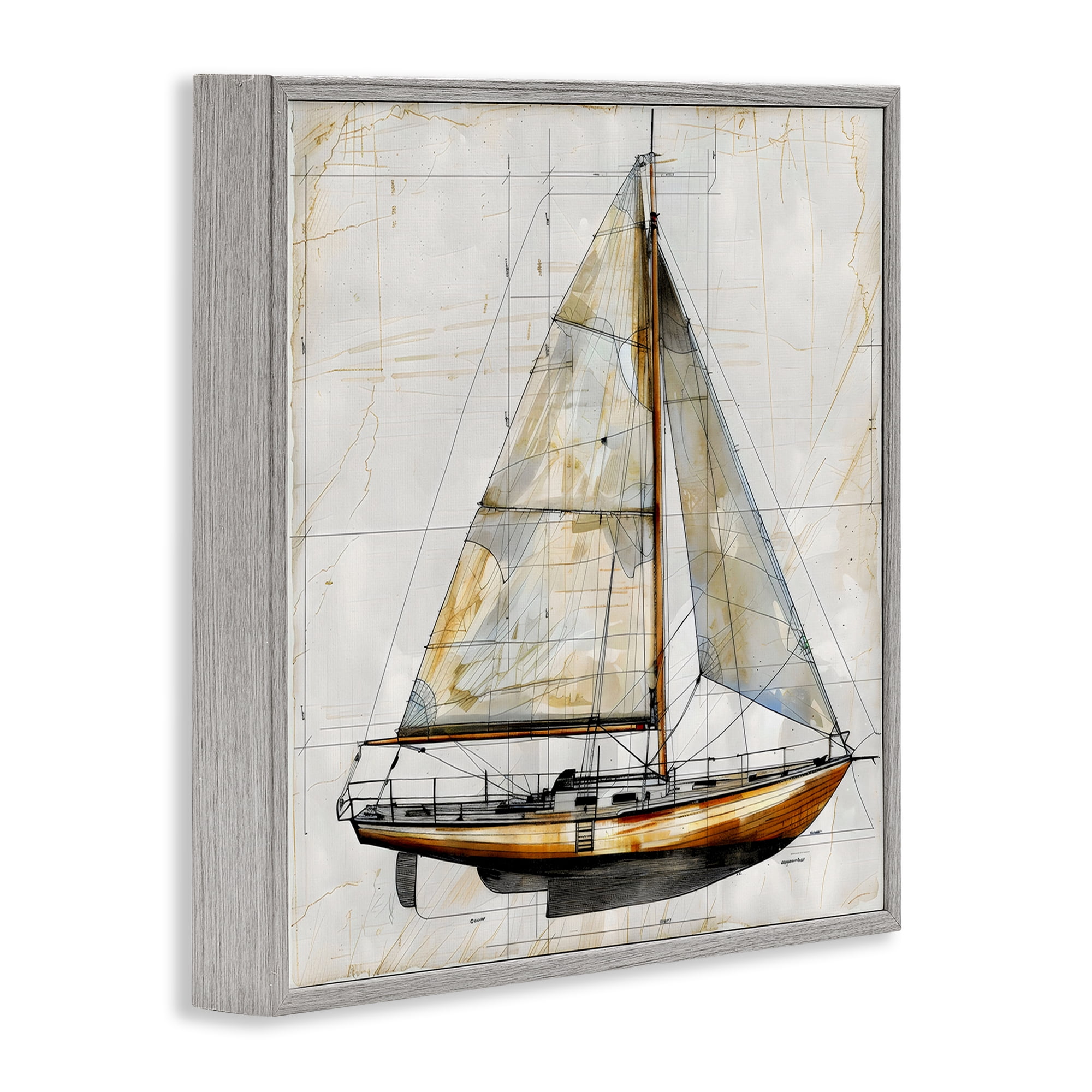 Stupell Industries Vintage Sailboat Drawing Blueprint Gray Framed Giclee Art, design by Creative Studio