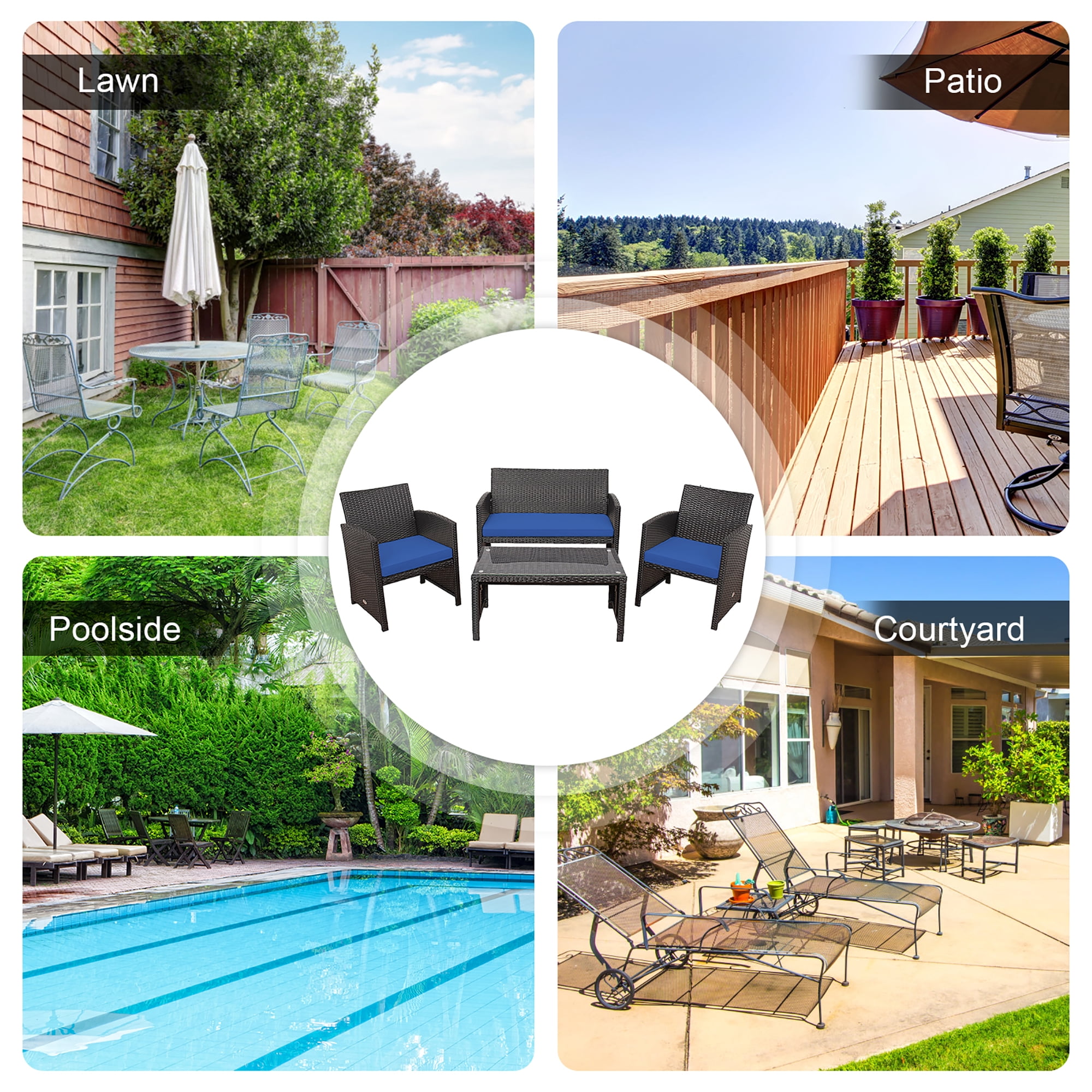 Costway 8PCS Patio Rattan Furniture Set Cushioned Chair Sofa Coffee Table Navy