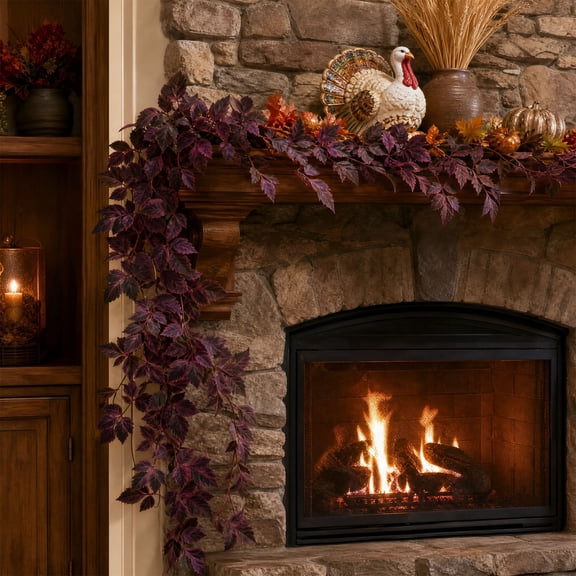 Artificial Dark Purple Leaf Garland, Gothic Burgundy Faux Foliage Vine, Hanging Greenery Decor for Halloween Fall Mantel Table Wall Door Stair Indoor Outdoor Holiday Party Decorations