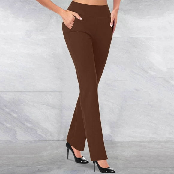 LOVZFMLL Women's Leggings, Ladies' Solid Color Casual Pocket Slim Straight Leg Pants Brown, XL