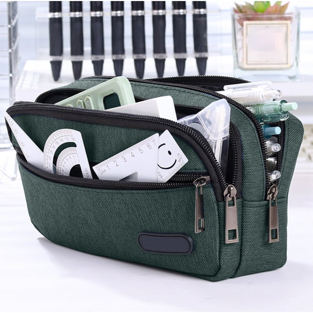Estuche de pana verde para lápices, organizador de papelería de 3 capas, 23 x 12 x 0,9 cm, bolsa de poliéster para bolígrafos, ideal para material de oficina universitario.,Vsgery