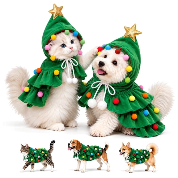 2027 Upgraded Christmas Tree Dog Costume, Cute Pet Cape Outfit with Star & Pom Poms for Small Dogs & Cats, Holiday Christmas Dog Clothes for Party Photos