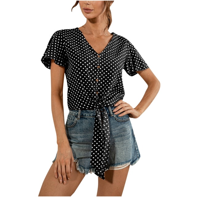 Pompotops Ladies Polka Dot Printing Loose V-neck Lace Button Petal Short Sleeve Top