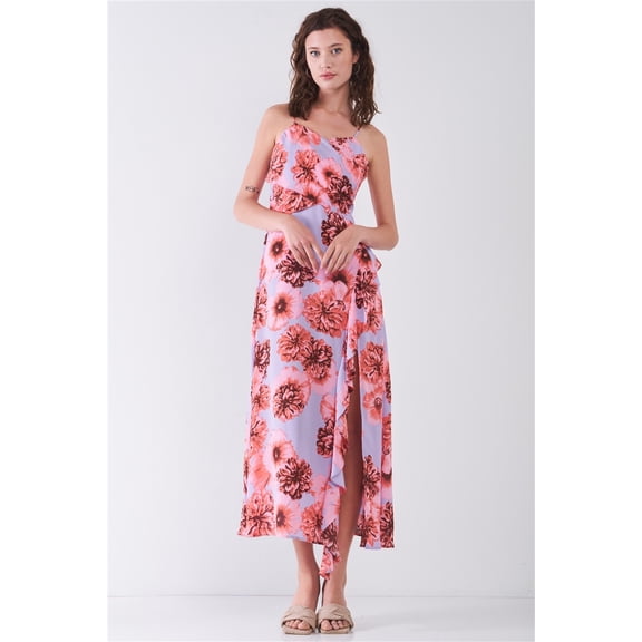Floral Print Sleeveless Self-tie Wide Wrap Front Ruffle Hem Side Slit Detail Midi Dress L