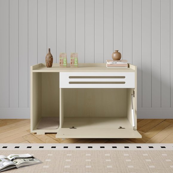 Cat Litter Box Furniture - Modern Hidden Enclosure Cabinet (Wood Color) for Large Cats, Ventilated Multi-Functional Cat House