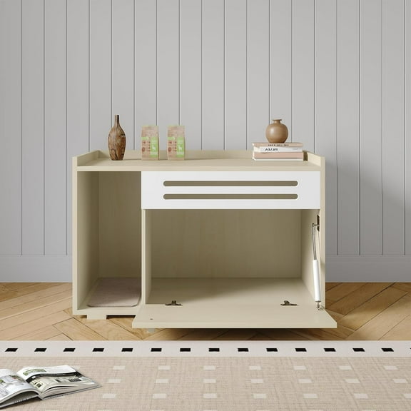 Flip-Down Cat Litter Box Enclosure, Ventilated Dog Proof Cabinet, Hidden End Table Furniture