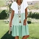 thumbnail image 2 of Qucoqpe - Vestido corto informal de talla grande para mujer, de verano, holgado, a la moda, con cuello en V, rayas, lunares, manga corta, volantes, dobladillo escalonado, de lino, para playa y sol,, 2 of 5