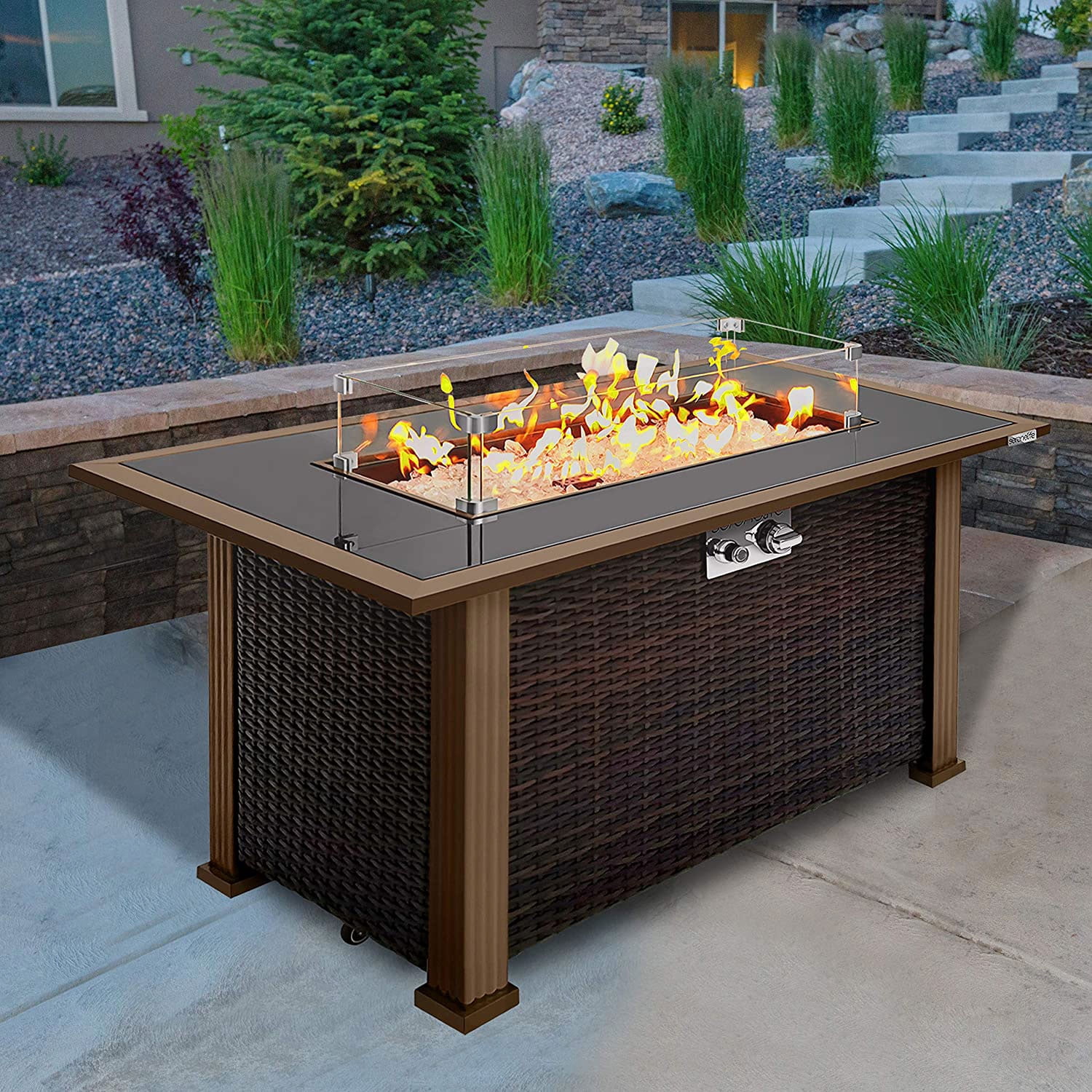 Serenelife Outdoor Rattan Propane Fire Pit Table with Glass Guard, Black