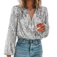 thumbnail image 2 of Women Sequined Blouse Long Sleeve V Neck Overlapping Pullover Fashion Top Glamorous Party Wear Shiny Elegant Womens Office Dinner Outfit, 2 of 5