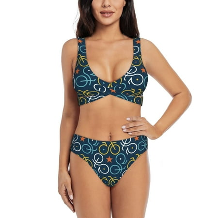 Zeuib Bicycle Colorful High Waisted Tummy Control Bikini Set - Knot Front Push Up Top & Cheeky Thong Bottom  Two-Piece Swimsuit for Women-X-Large