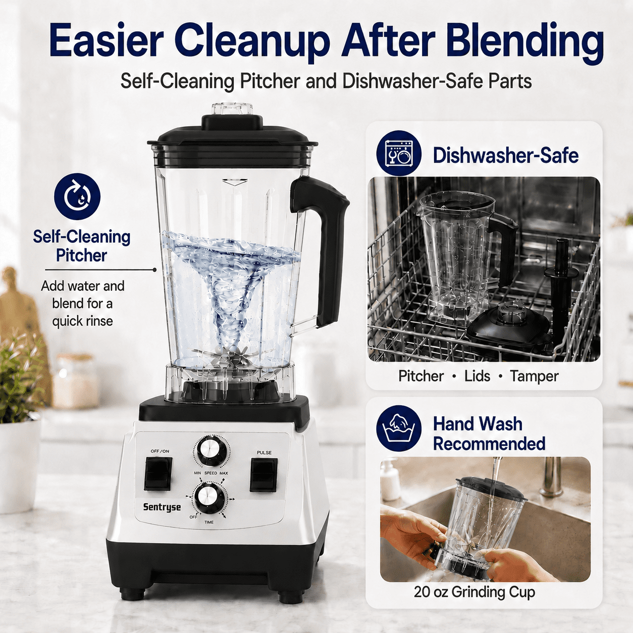 Sentryse Blender for Smoothies, 1800W Countertop Blender with 68 oz Pitcher & 20 oz Grinding Cup, 28000 RPM Kitchen Blender for Ice Crushing, Frozen Drinks, Milkshakes and Sauces