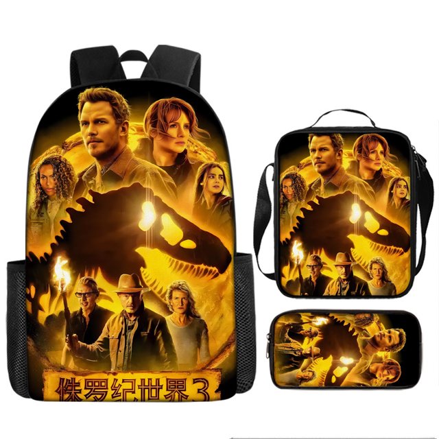 Jurassic World Student Backpack Dinosaur Schoolbag Three-Piece Set Large Capacity Backpack Cartoon Schoolbag Pencil Bag