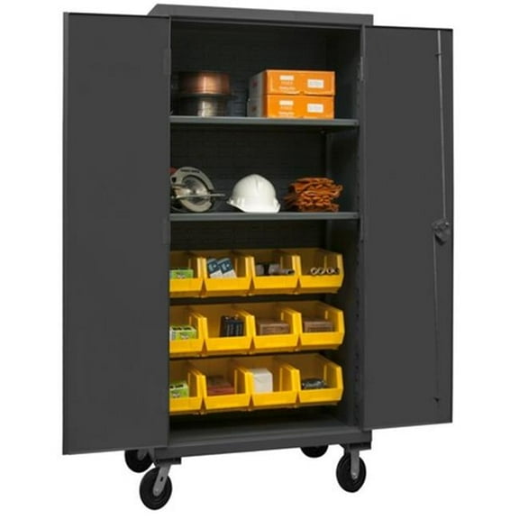 Durham HDCM36-12-2S95 12 Gauge Recessed Door Style Lockable Mobile Cabinet with 12 Yellow Hook on Bins & 2 Adjustable Shelves, Gray - 36 in.