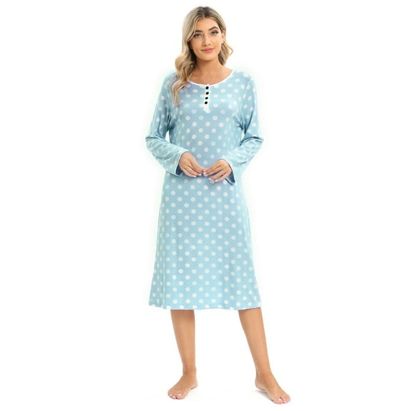 Monfince Polka Dot Nightgowns for Women Soft Cotton Sleepwear O Neck House Dress Long Sleeve Comfy Night Dress for Ladies, Blue, US 14