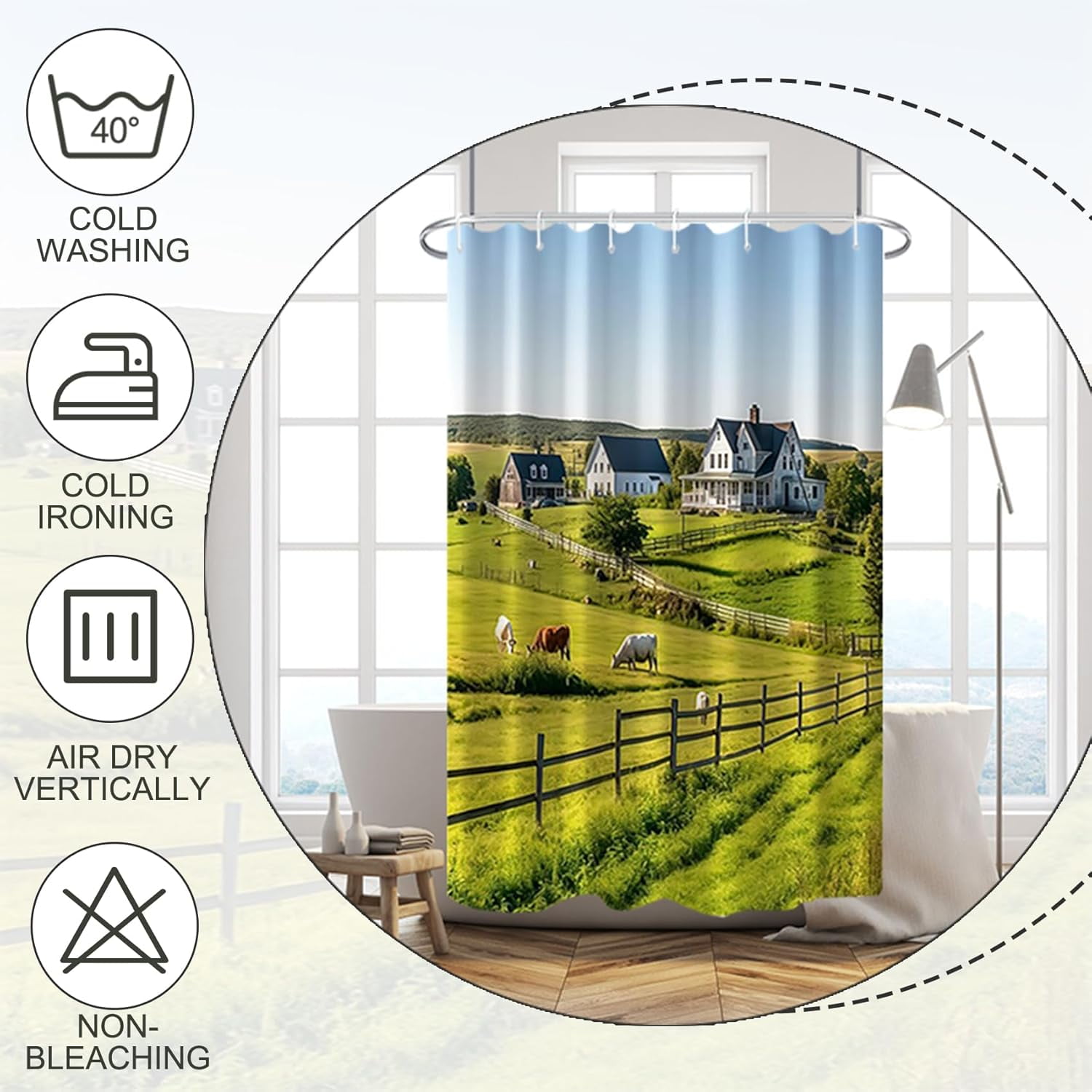 Rustic Farmland Bathroom Curtain Decor with Hooks for Bathroom Green Grassland Farmhouse Cow Rural Landscape Bathroom Curtains 36x72 Inch with Hooks Countryside Bathroom Shower Curtain Set