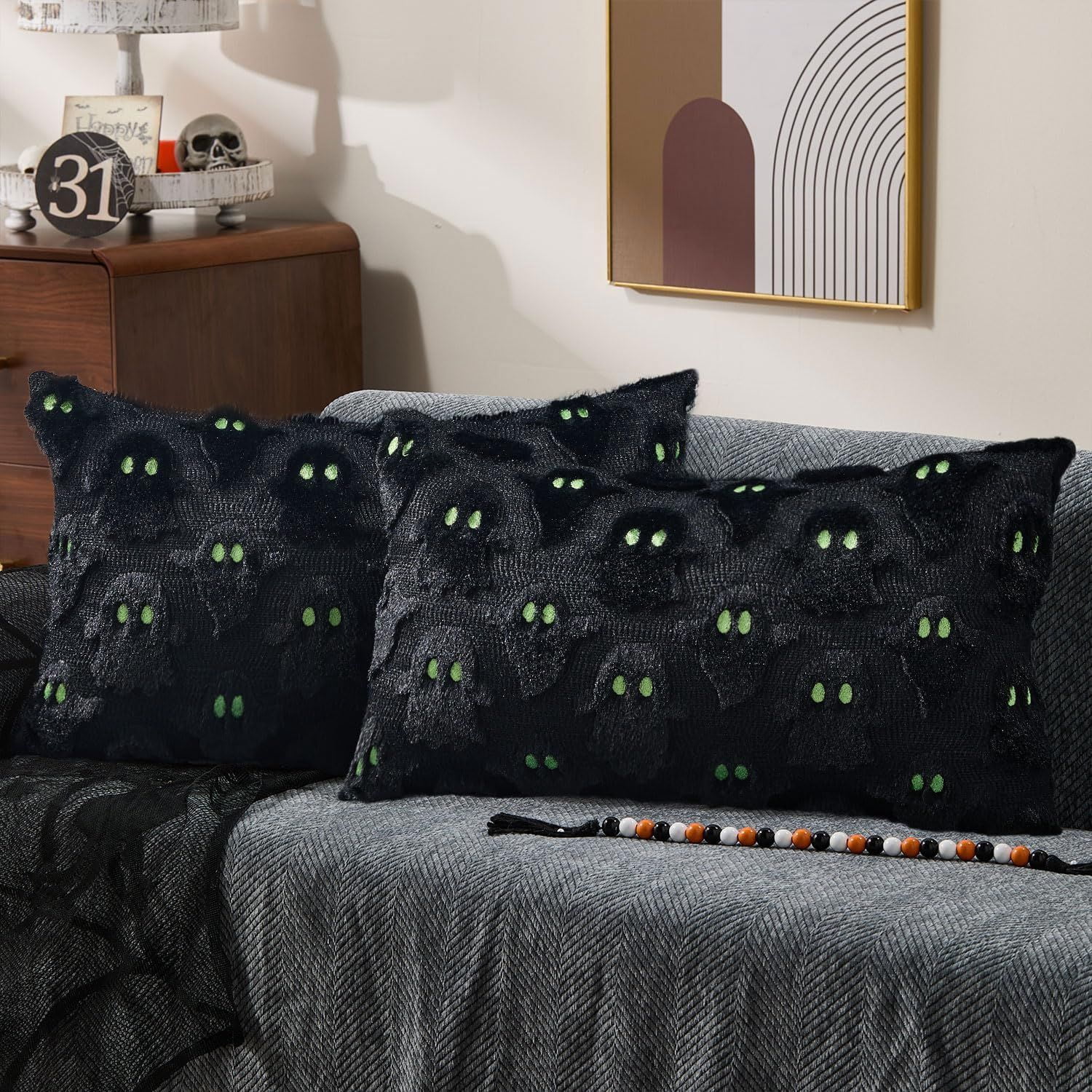 Set of 2 White Ghost Pillow Covers 12x20 Inch Happy Halloween Throw Pillow