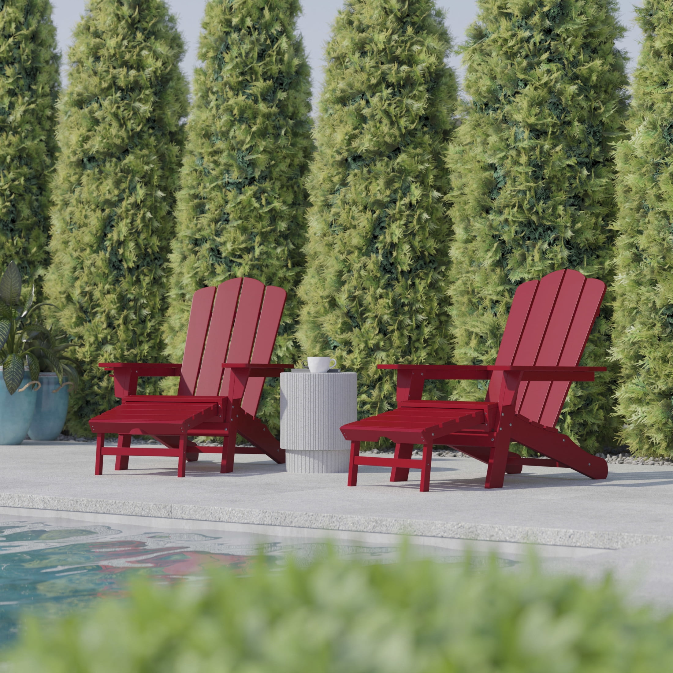 BizChair HDPE Adirondack Chair with Cup Holder and Pull Out Ottoman, All-Weather HDPE Indoor/Outdoor Lounge Chair in Red, Set of 2