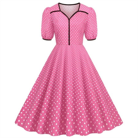

YanHoo Women s A-Line Dresses Short Sleeve V Neck Dot Print Pleated Dress Summer Babydoll Dress