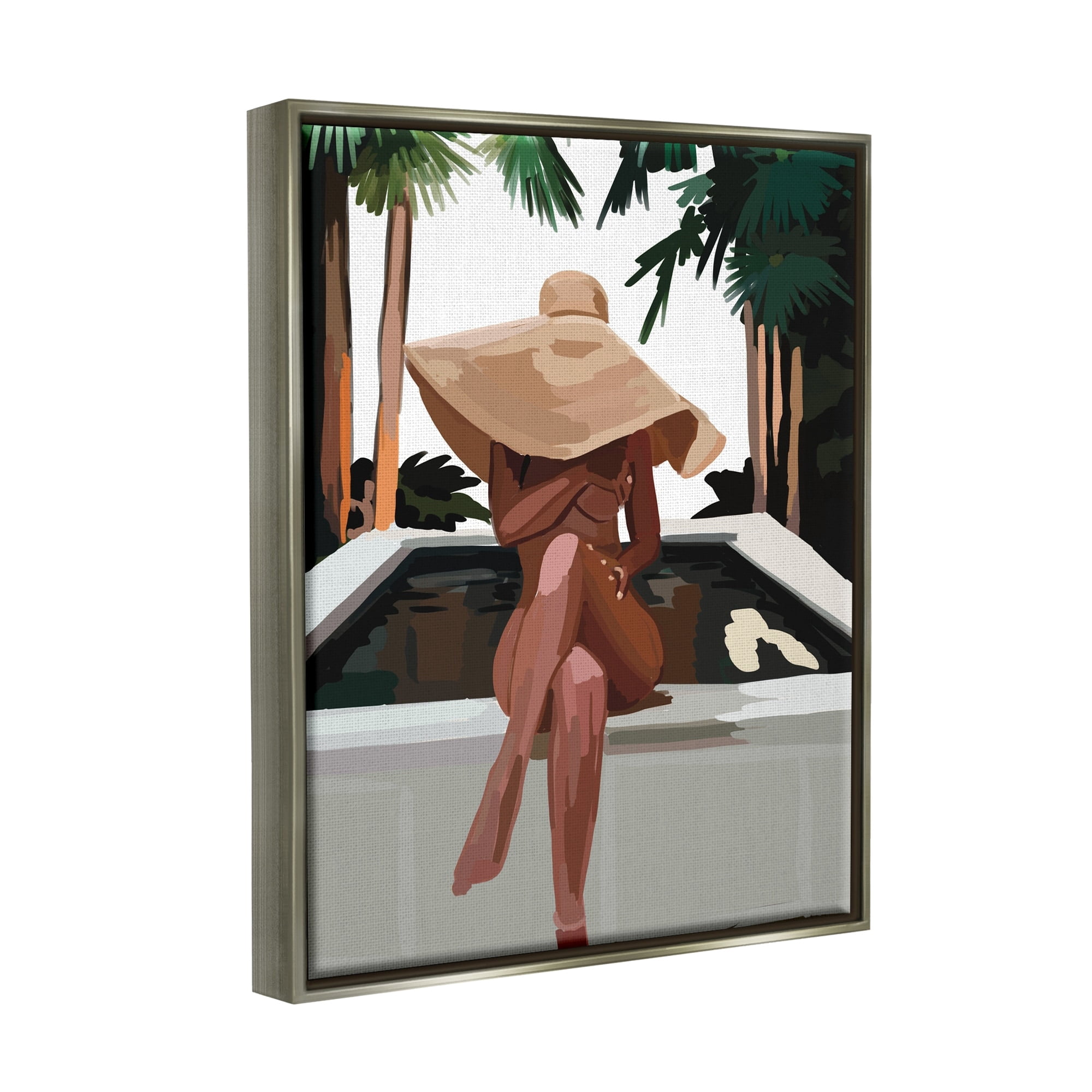 Stupell Industries Trendy Upscale Woman Tropical Summer Hot Tub Graphic Art Luster Gray Floating Framed Canvas Print Wall Art, Design by Amelia Noyes