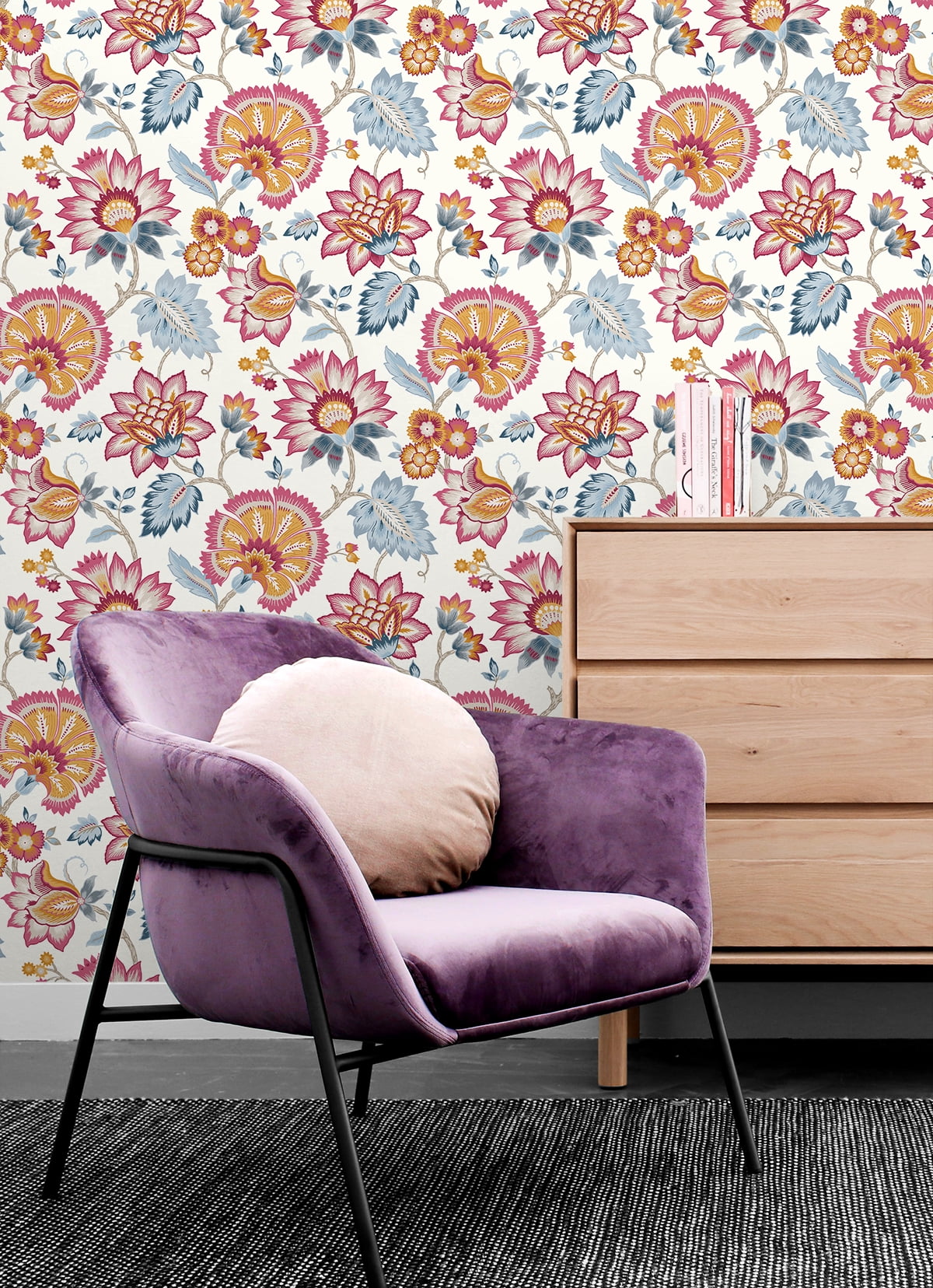 NextWall Fandango Pink & Bluebird Jacobean Blossom Floral Peel and Stick Wallpaper