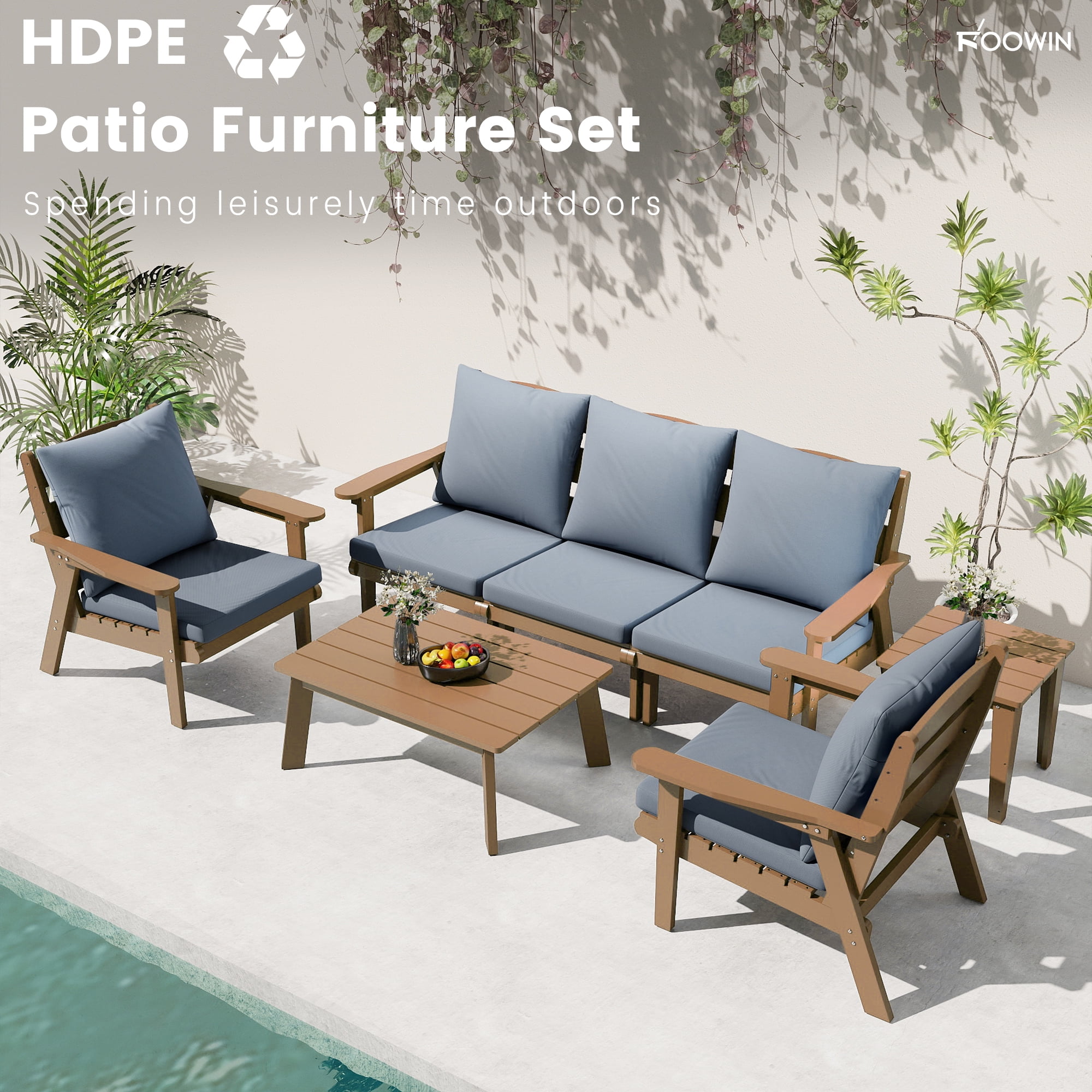 FOOWIN 7-Piece Patio Furniture Set, HDPE Outdoor Conversation Set with 5 Seating & Cushions, Perfect Patio Sofa Set for Garden, Porch, Backyard, Teak Frame with Grey Cushion
