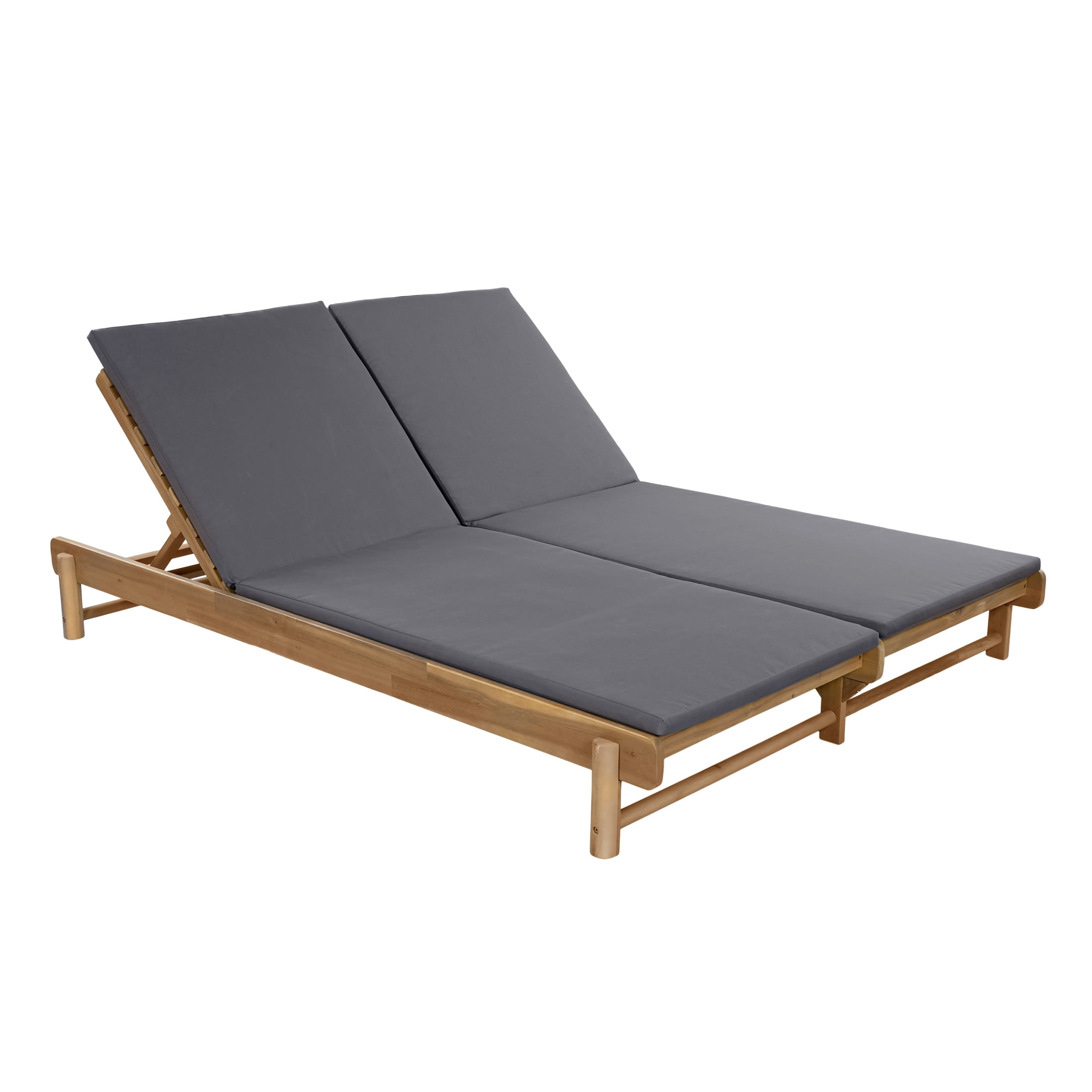 Christopher Knight Home Outdoor Adjustable Double Chaise Lounge with 2-Fold Cushions, Light Teak + Dark Gray