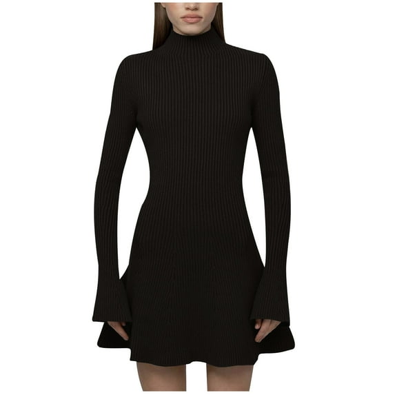 Blczomt Ribbed Winter Dresses for Women Black Long Sleeve Mini Dress Dressy Casual Solid Mock Neck Dresses