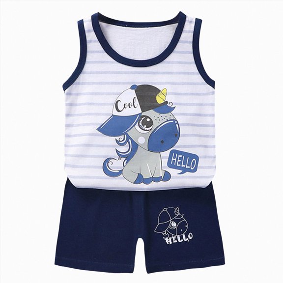 KPOPLK Toddler Boy Summer Outfits 2Pcs Sleeveless Print Tank Top Set and Elastic Waist Shorts Soft Clothes 12-48 Months(4-5 Years,Dark Blue)