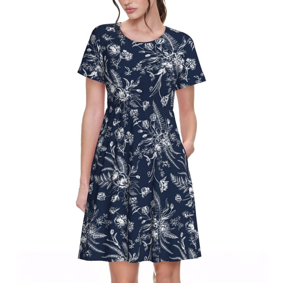 Navy Blue Floral Dresses Short Sleeve Nightdresses for Women
