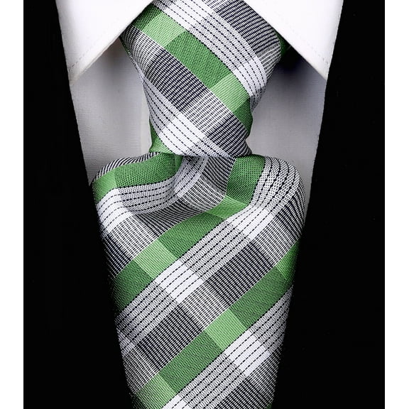 Scott Allan Green Necktie | Jacquard Woven Microfiber Tie Regular Size: 3.3" at Tip | Green Gray Plaid Ties