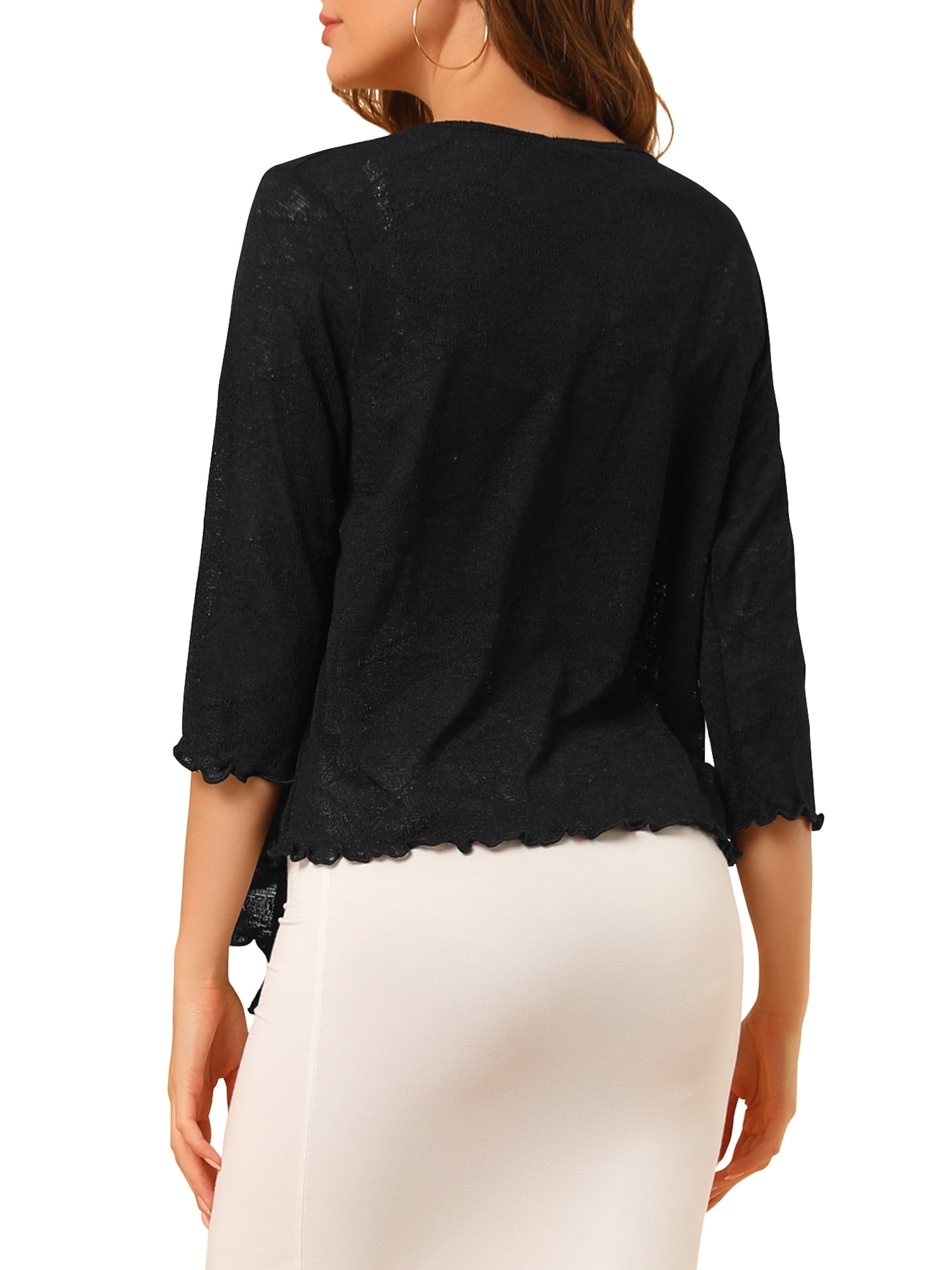 Unique Bargains Women's Open Front Knit Cardigan Tied Bolero Shrug S Black