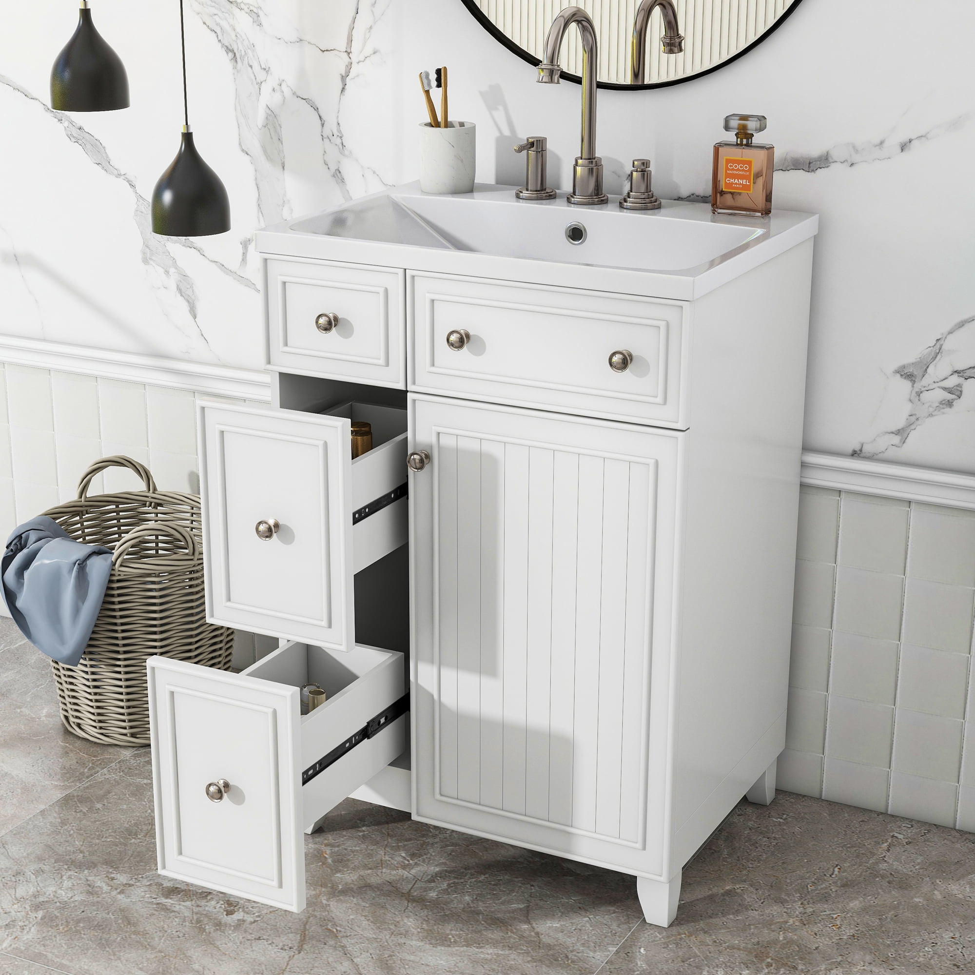 Harper & Bright Designs 24" Bathroom Vanity Sink Combo for Small Space, White Bathroom Vanity Cabinet with 2 Storage Drawers and Door