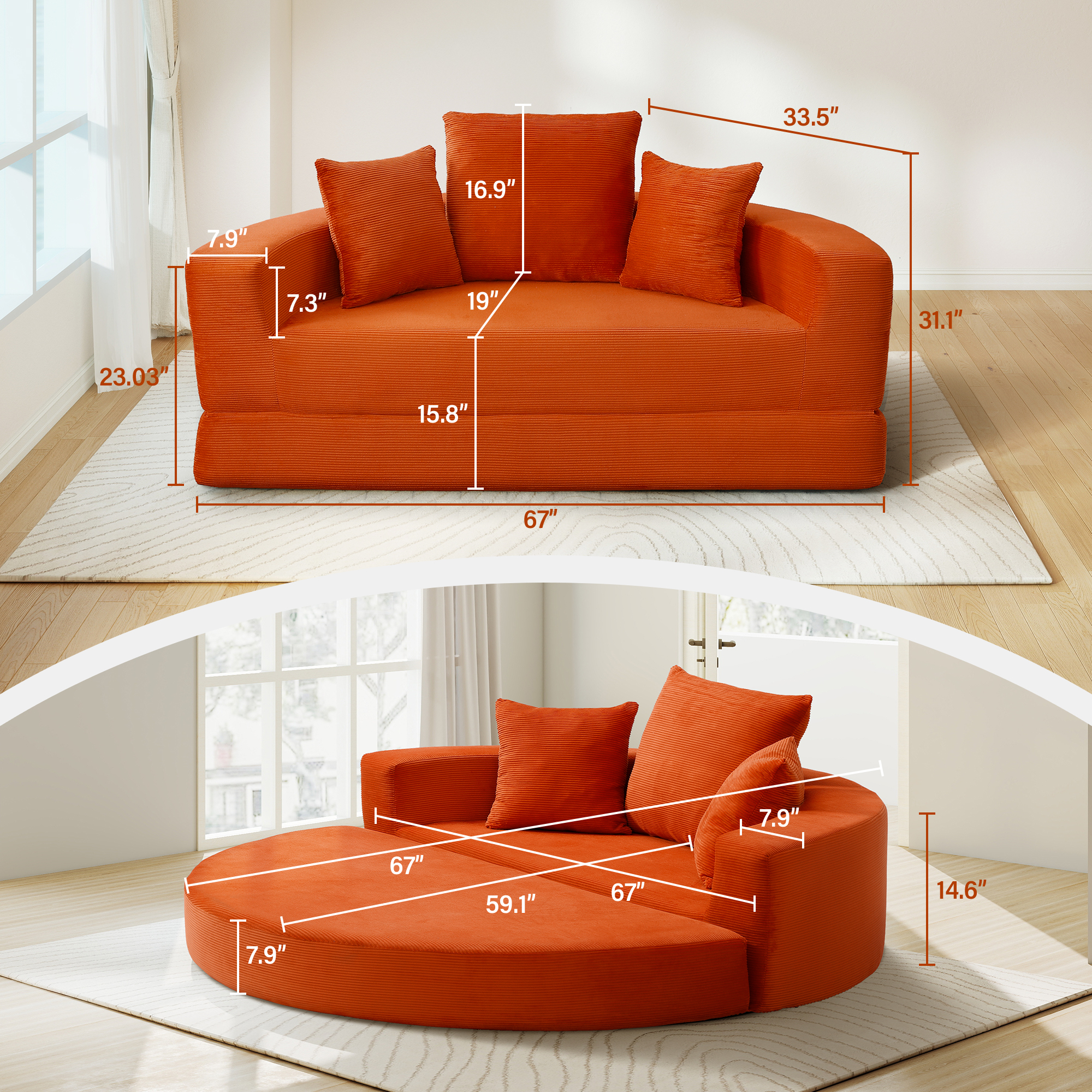 Aukfa 67" Round Convertible Folding Sofa Bed, Corduroy Futon Sleeper Couch with Pillows for Small Spaces and Living Rooms, Orange