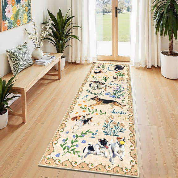 MJIAexp 2'x6' Jute Animal Dog Floral Kitchen Runner Rug,Woven Texture Machine Washable Runner Rug Non-Slip Rubberback Hallway Runner Laundry Rug Throw Carpet for Living Room Bedroom Dining Room Entry