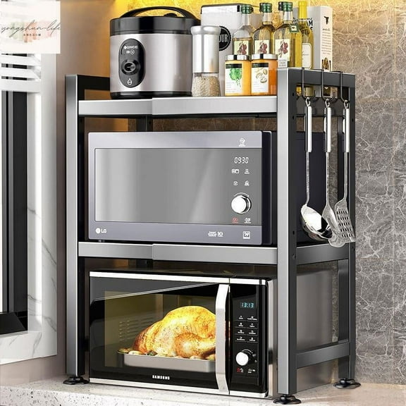 Copedvic 3-Tier Kitchen Baker's Rack Extendable Microwave Oven Stand Kitchen Storage Shelf with S-Hooks, Black